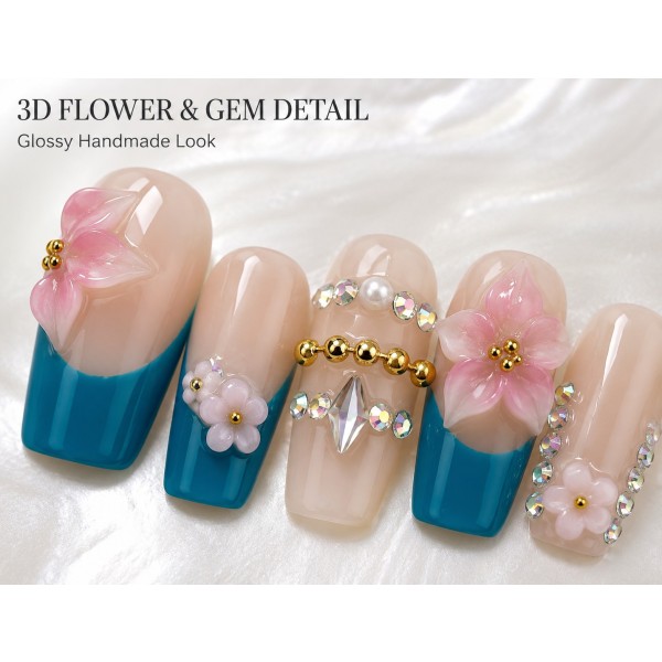 Teal French 3D Pink Flower Press‑On Nails, Nude Base Medium‑Long T‑Shape False Nails with Gold Beads & AB Rhinestones